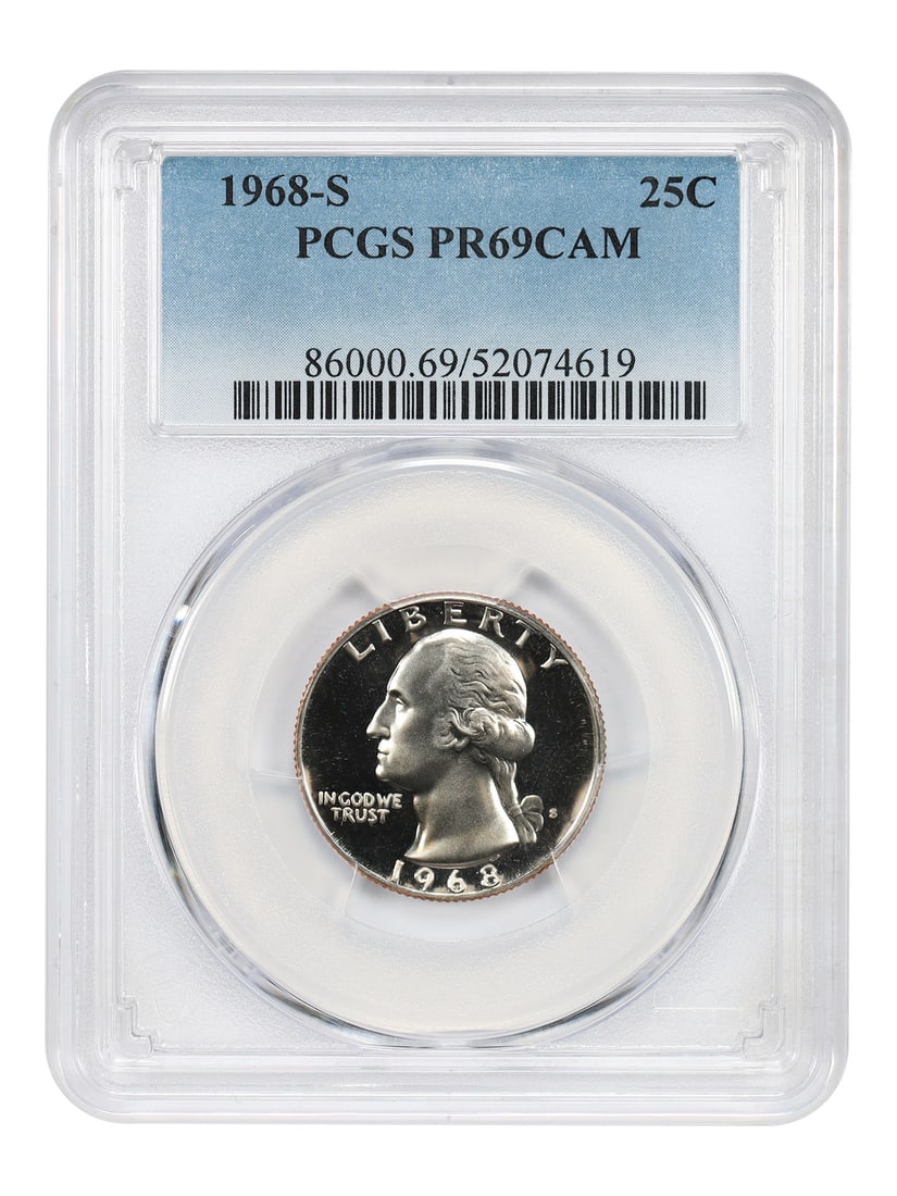 Washington Quarter 1968 S 25C PCGS PR69CAM: Washington Quarter 1968 S 25C PCGS PR69CAM This 1968-S Washington Quarter is a 25C coin certified by PCGS with a PR69CAM grade. It is an uncirculated, pre-owned example from the San Francisco mint. Sp