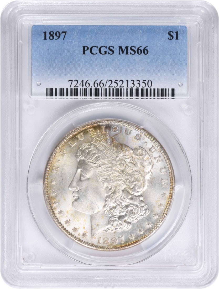 1897 Morgan Silver Dollar MS66 PCGS Uncirculated Coin by George T. Morgan: 1897 Morgan Silver Dollar MS66 PCGS Uncirculated Coin by George T. Morgan This stunning 1897 Morgan Silver Dollar features a remarkable MS66 grade, certified by PCGS. Struck in Philadelphia, this coin