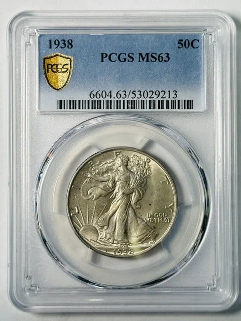 1938 Walking Liberty half dollar PCGS MS63 silver: 1938 Walking Liberty half dollar PCGS MS63 silver This 1938 Walking Liberty Half Dollar is graded MS-63 by PCGS and was minted in Philadelphia. Made from silver, this uncirculated coin is a pre-owned 