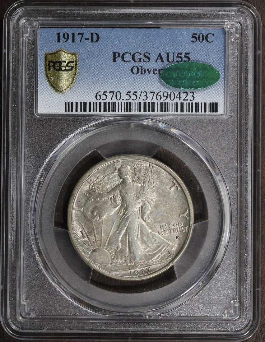 PCGS AU55 CAC 1917-D Walking Liberty Half Dollar Obverse Mintmark: PCGS AU55 CAC 1917-D Walking Liberty Half Dollar Obverse Mintmark A 1917-D Walking Liberty Half Dollar graded AU55 CAC by PCGS, featuring the obverse mintmark variety. This U.S. silver coin has a 50C 