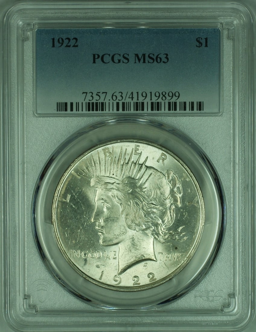 PCGS MS63 1922 Peace Dollar Silver: PCGS MS63 1922 Peace Dollar Silver This 1922 Peace Silver Dollar is graded MS-63 by PCGS and was minted in Philadelphia. Composed of silver, this uncirculated coin is a notable piece from the United S