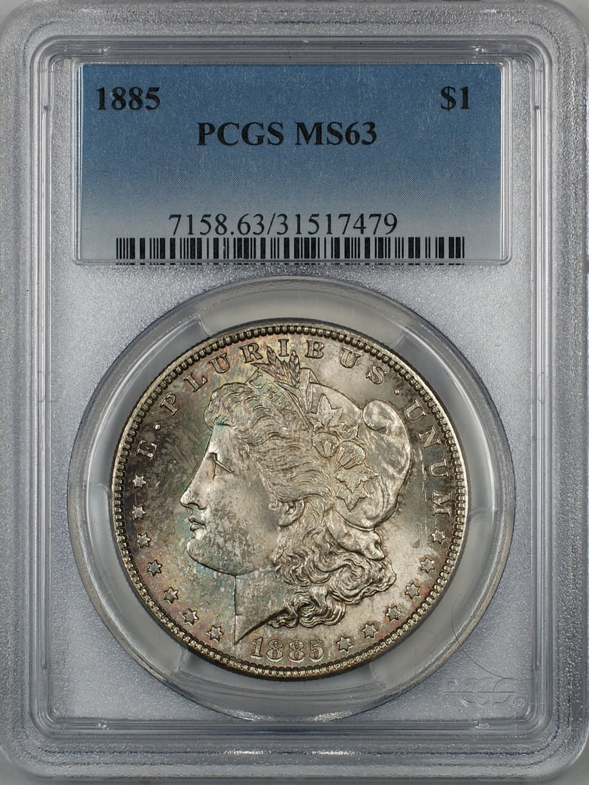 PCGS MS63 1885 Morgan Dollar Philadelphia Light Toning Silver Coin: PCGS MS63 1885 Morgan Dollar Philadelphia Light Toning Silver Coin This 1885 Morgan Silver Dollar features a lightly toned finish and has been certified by PCGS with a grade of MS 63. Struck at the Ph