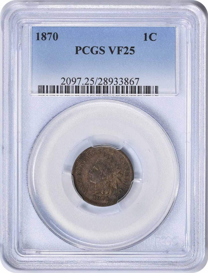 PCGS VF25 1870 Indian Head Copper Small Cent: PCGS VF25 1870 Indian Head Copper Small Cent This is an 1870 Indian Head Cent graded VF25 by PCGS. The coin is composed of copper and has been circulated. It features the classic Indian Head design an