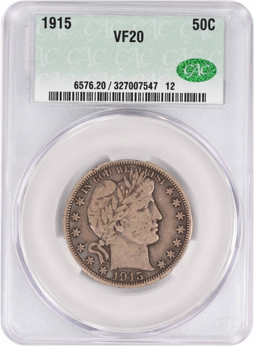 1915 CACG Certified Barber Half Dollar VF20 Philadelphia Mint Silver Coin: 1915 CACG Certified Barber Half Dollar VF20 Philadelphia Mint Silver Coin This 1915 Barber Half Dollar from the United States was minted in Philadelphia and graded VF20 by CACG. Designed by Charles E.