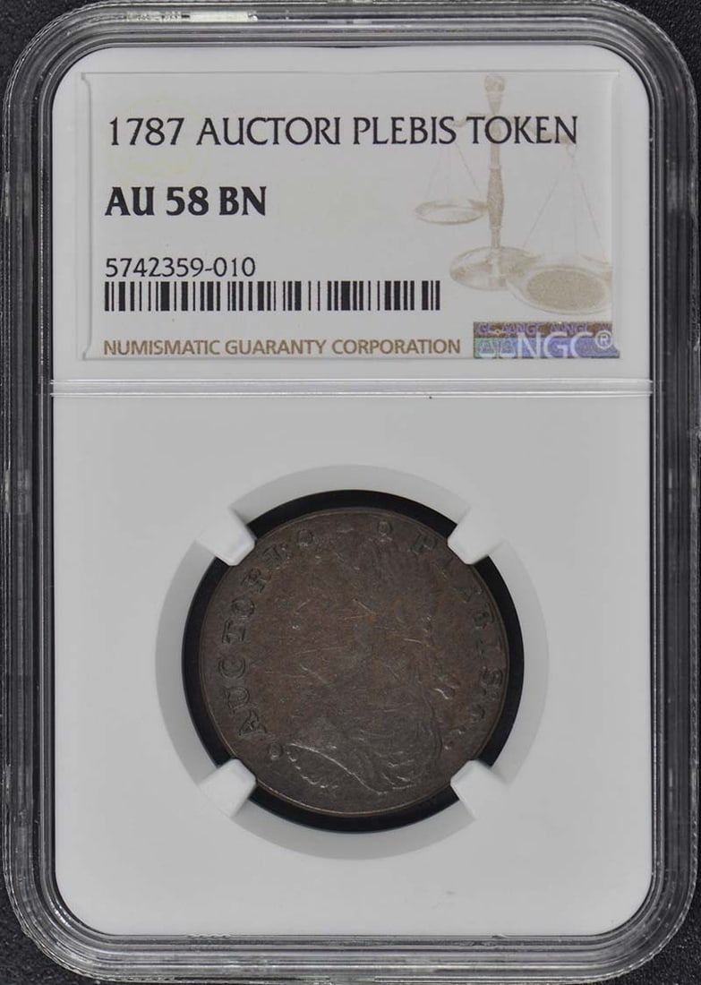 1787 AUCTORI PLEBIS Colonial Token NGC AU58BN Certified: 1787 AUCTORI PLEBIS Colonial Token NGC AU58BN Certified This 1787 AUCTORI PLEBIS Colonial Token is a remarkable piece of history, certified by NGC with a grade of AU58. It features a beautiful patina,