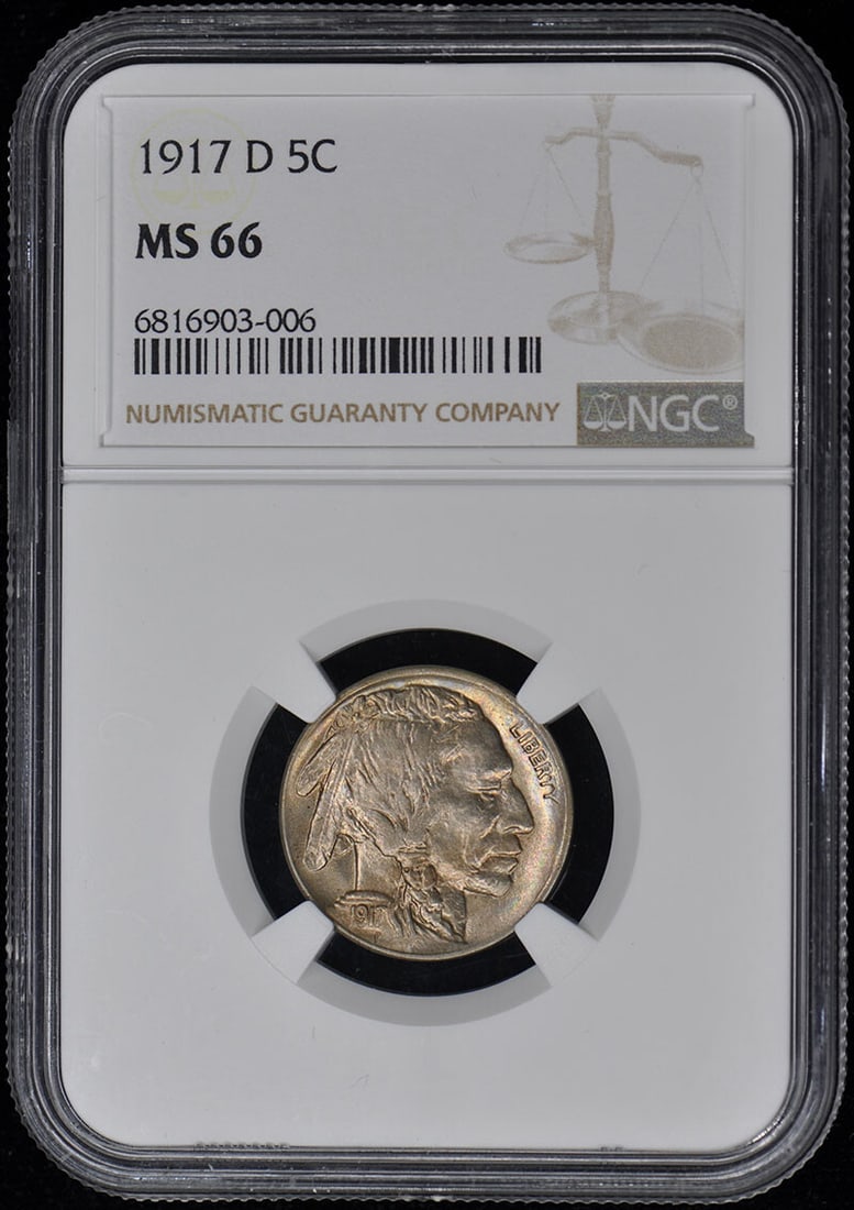 1917-D Buffalo Nickel NGC MS66 Uncirculated Coin: 1917-D Buffalo Nickel NGC MS66 Uncirculated Coin This 1917-D Buffalo Nickel, certified by NGC, boasts a remarkable grade of MS66, indicating it is uncirculated and in excellent condition. Minted in De