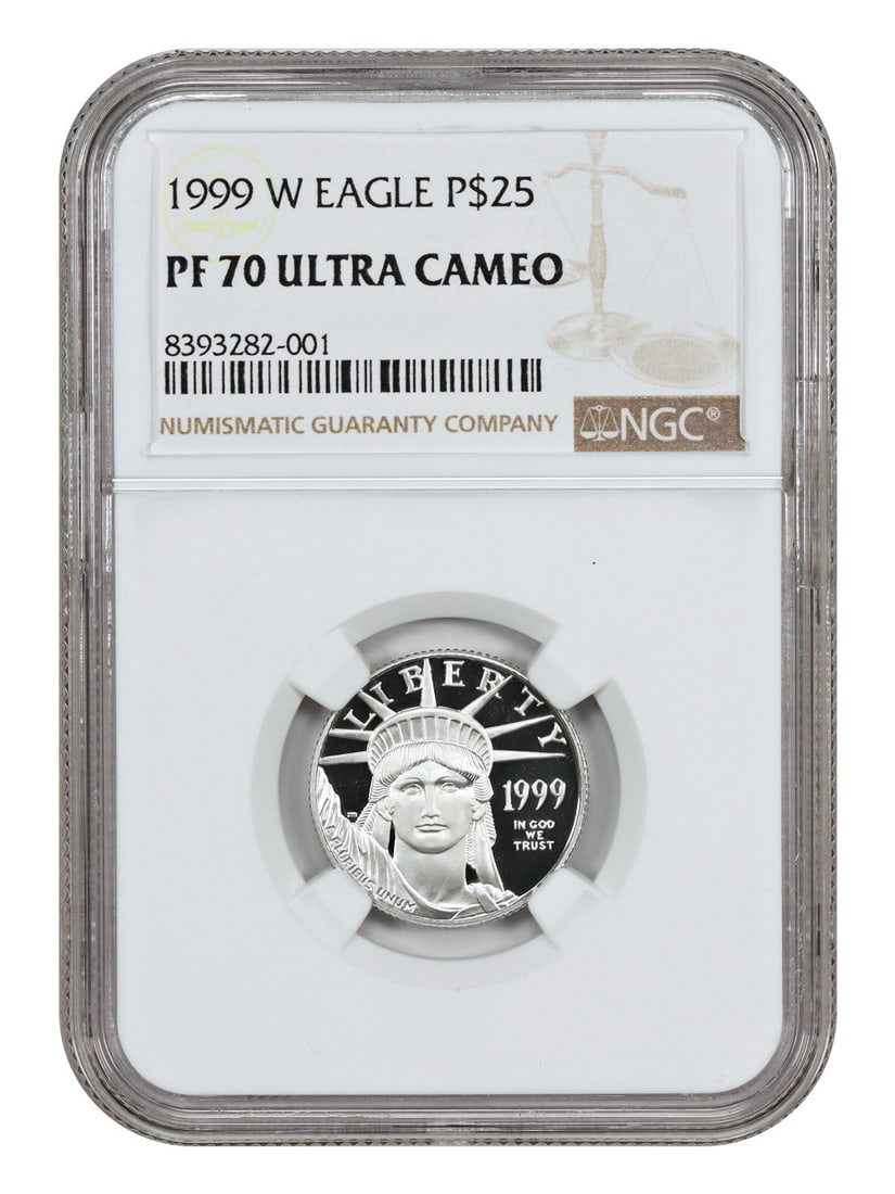 NGC PR70DCAM 1999-W $25 Platinum Eagle Statue of Liberty Coin: NGC PR70DCAM 1999-W $25 Platinum Eagle Statue of Liberty Coin 1999-W $25 Statue of Liberty Platinum Eagle graded PR70DCAM by NGC. This uncirculated bullion coin is from the Platinum Eagles series and 