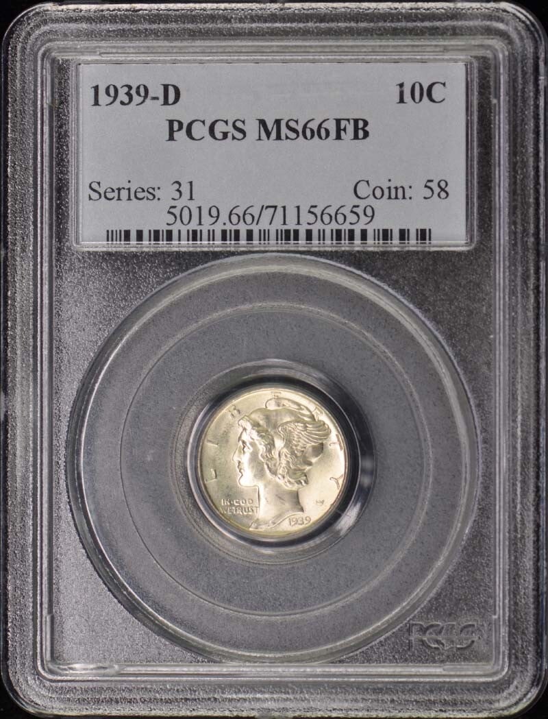 1939-D Mercury Dime PCGS MS66FB Uncirculated Denver Coin: 1939-D Mercury Dime PCGS MS66FB Uncirculated Denver Coin This 1939-D Mercury Dime is certified by PCGS with a grade of MS66FB, indicating it is in uncirculated condition and exhibits full bands on the