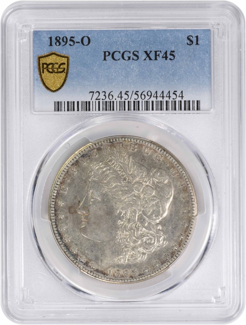 1895-O Morgan Silver Dollar EF45 Certified PCGS Coin: 1895-O Morgan Silver Dollar EF45 Certified PCGS Coin This 1895-O Morgan Silver Dollar, graded EF45 by PCGS, showcases a rich history and intricate design. Circulated and featuring 90% silver and 10% c