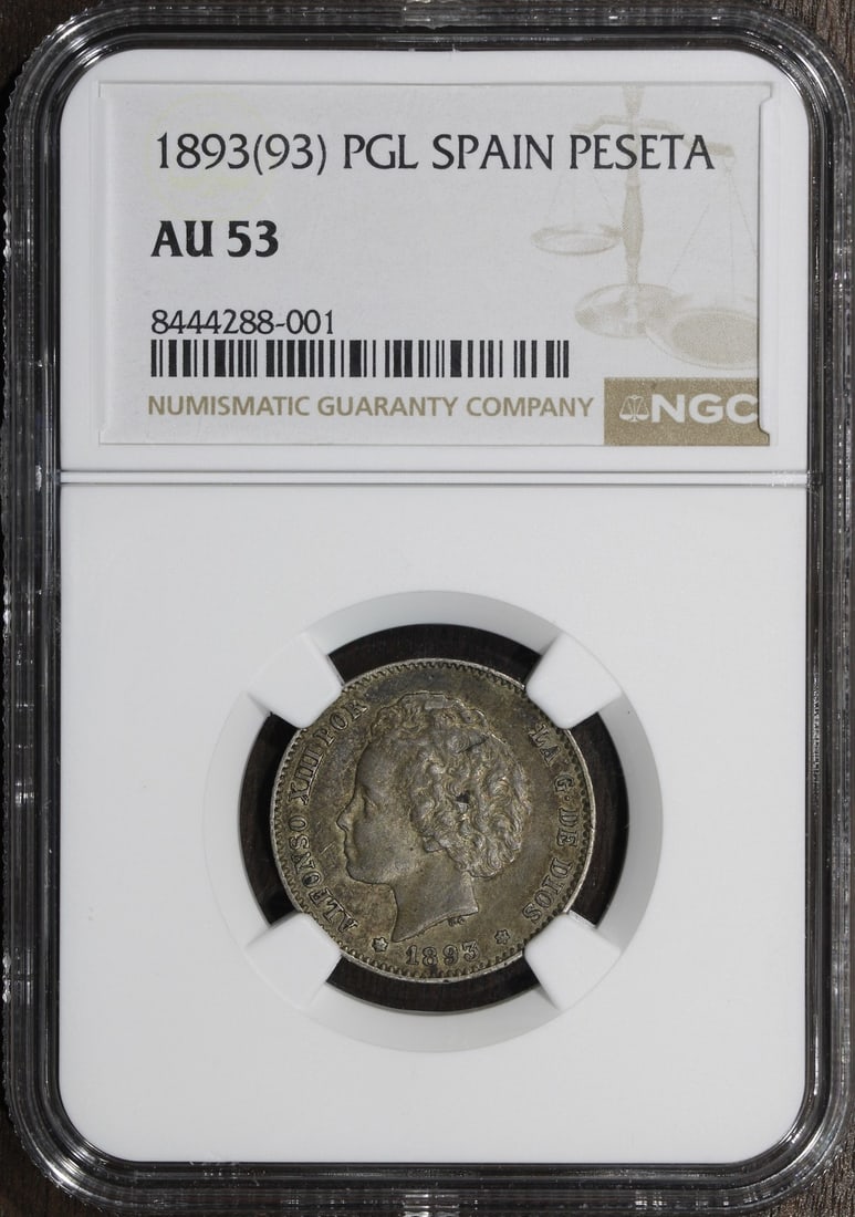NGC AU53 Spain 1 Peseta 1893 Silver Coin (1 of 2)