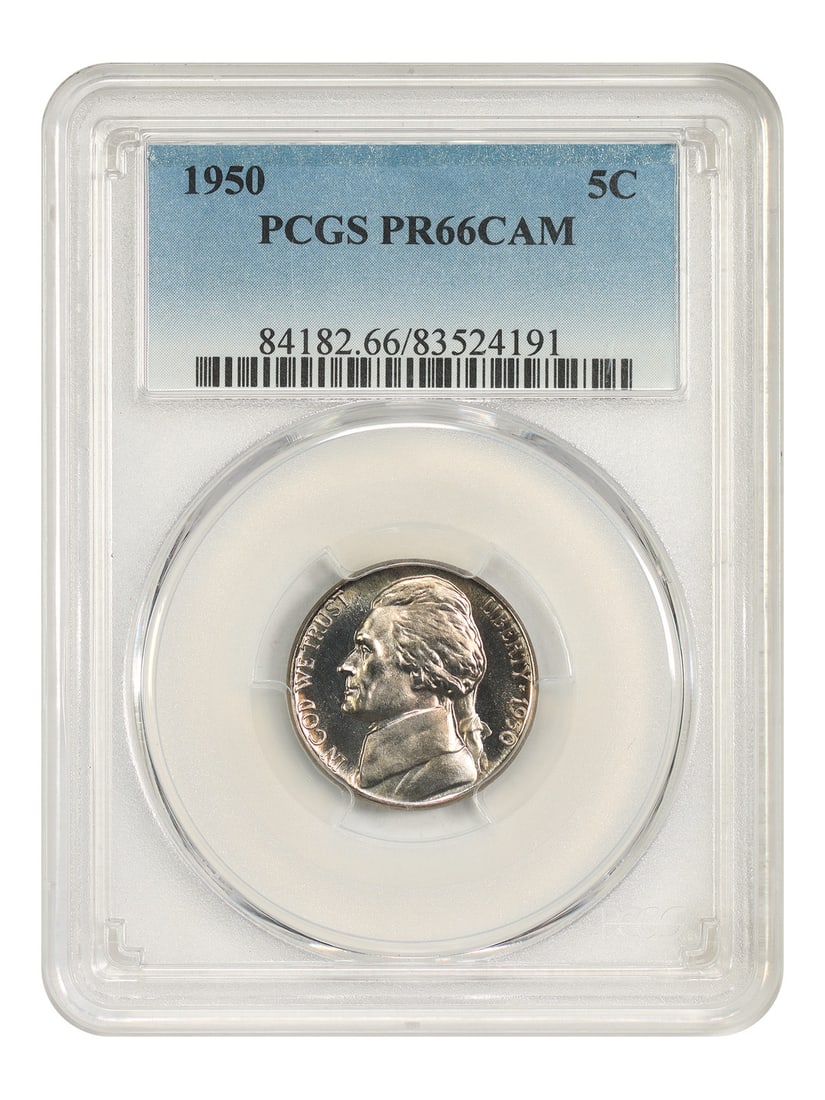 Jefferson Nickel 1950 5C PCGS PR66CAM: Jefferson Nickel 1950 5C PCGS PR66CAM 1950 Jefferson Nickel graded PCGS PR66CAM. This 5C coin was struck in Philadelphia and is uncirculated. Certification number 83524191 is included. Condition: Pre-