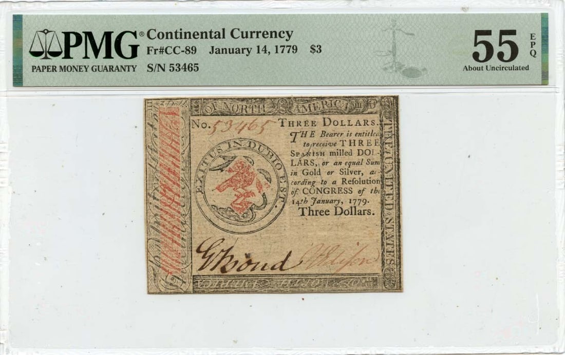 1779 $3 Continental Currency CC-89 PMG AU55 Certified Note: 1779 $3 Continental Currency CC-89 PMG AU55 Certified Note This historical $3 Continental Currency note, dated January 14, 1779, is graded AU55 by PMG, indicating its excellent condition. It is a circ