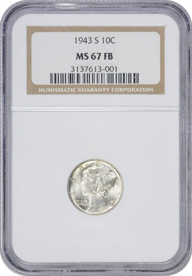 1943-S Mercury Dime MS67FB NGC Uncirculated Silver Coin: 1943-S Mercury Dime MS67FB NGC Uncirculated Silver Coin This 1943-S Mercury Silver Dime is a stunning example of numismatic excellence, graded MS67FB by NGC. It features exquisite craftsmanship by des