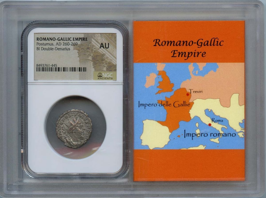 NGC AU50 Postumus Double Denarius Romano Gallic Coin: NGC AU50 Postumus Double Denarius Romano Gallic Coin This is a Postumus Double-Denarius coin from the Romano-Gallic Empire, dating from AD 260-269. The coin has been graded AU50 by NGC and originates 