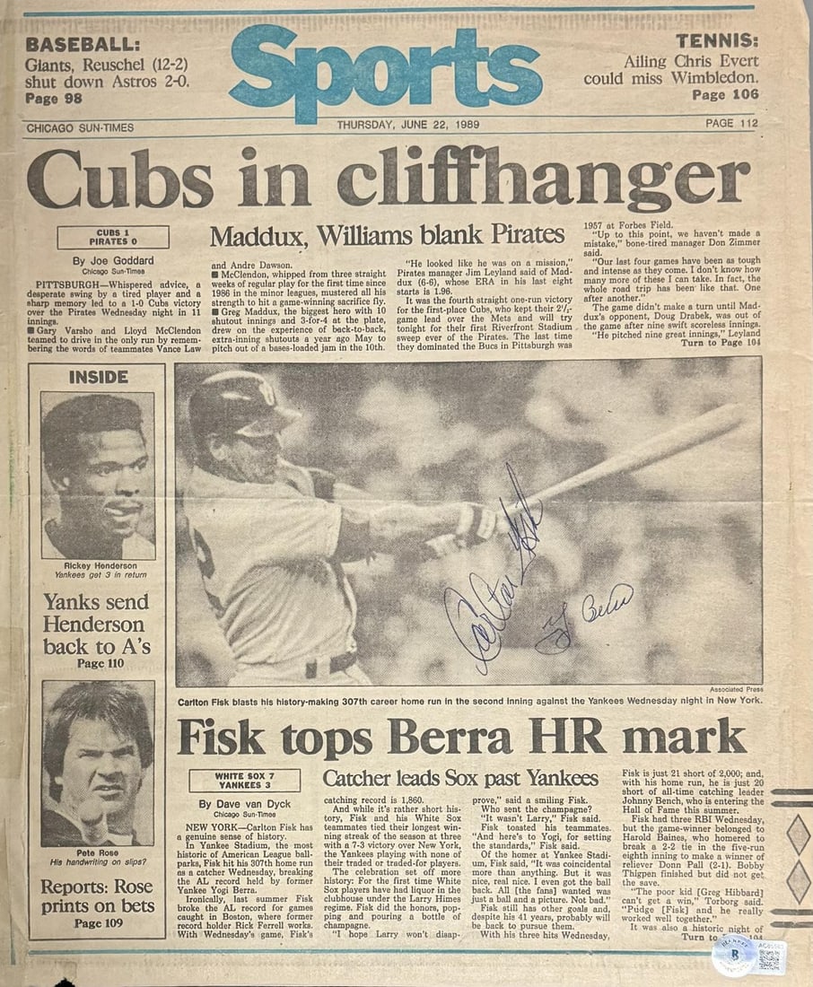 Beckett Authenticated Chicago Sun-Times Sports Section Signed by Fisk and Berra (1 of 1)