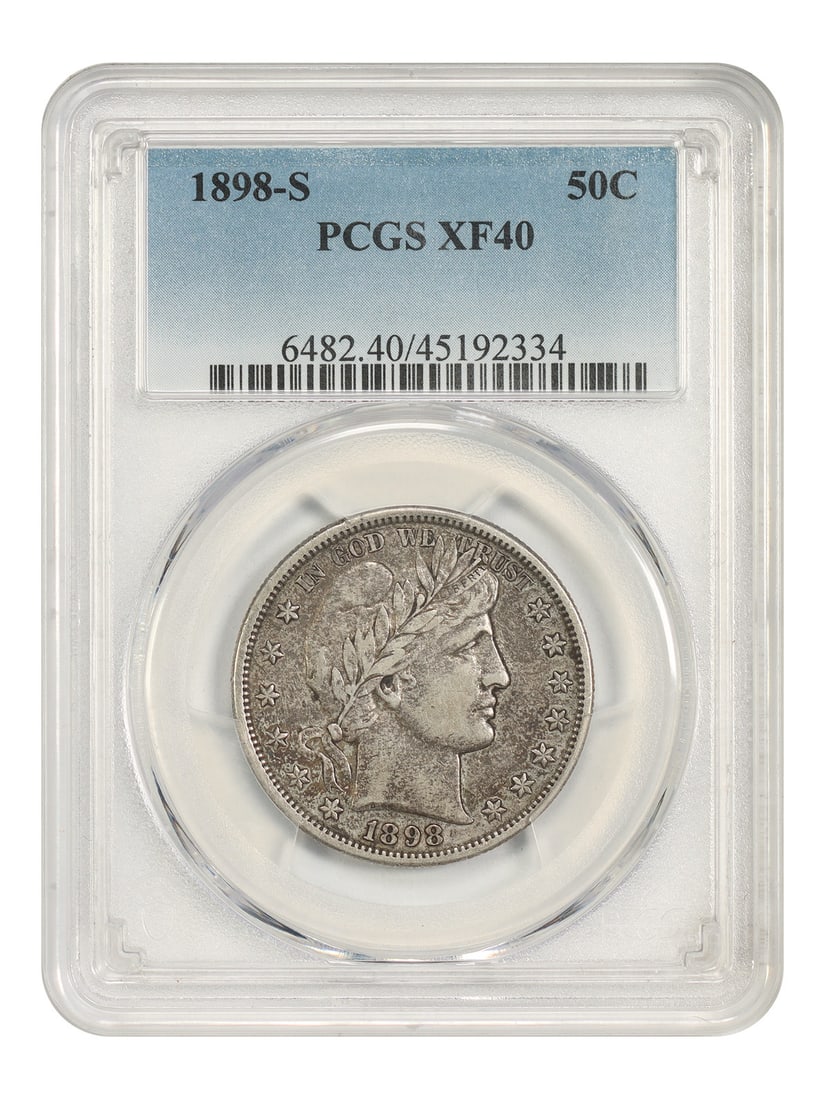 Barber Half Dollar 1898-S 50C PCGS XF40: Barber Half Dollar 1898-S 50C PCGS XF40 1898-S Barber Half Dollar, denomination 50C, minted in San Francisco. This circulated coin is certified by PCGS and listed with certification number 45192334. C