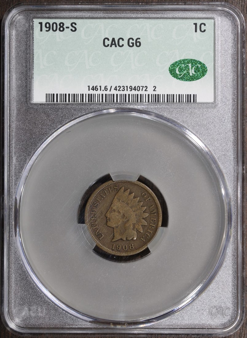 1908-S Indian Head Cent CAC Key Date G6 (1 of 2)
