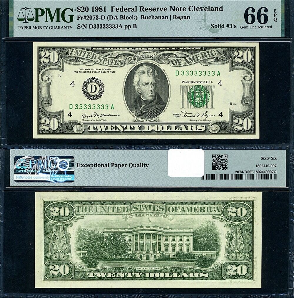 1981 $20 FR 2073 D Federal Reserve Note PMG Gem CU66 EPQ Solid 3s Serial (1 of 3)