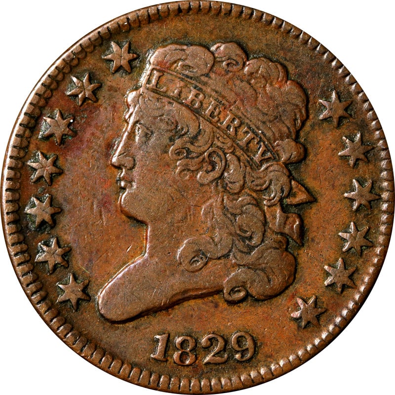 1829 Copper Half Cent Classic Head: 1829 Copper Half Cent Classic Head This is an 1829 Classic Head Half Cent from the United States, composed of copper. The coin is circulated and is offered in pre-owned condition. It is not certified.