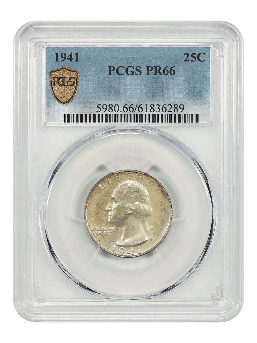 PCGS PR66 1941 Washington Quarter 25C Philadelphia: PCGS PR66 1941 Washington Quarter 25C Philadelphia 1941 Washington Quarter, denomination 25C, struck in Philadelphia and certified by PCGS as PR66. The coin is uncirculated and pre-owned, with a minta