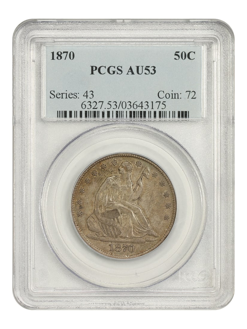 PCGS AU53 1870 Liberty Seated Half Dollar 50C: PCGS AU53 1870 Liberty Seated Half Dollar 50C 1870 Liberty Seated Half Dollar, denomination 50C, struck at the Philadelphia Mint. The coin is certified by PCGS and is graded AU53. It is described as c