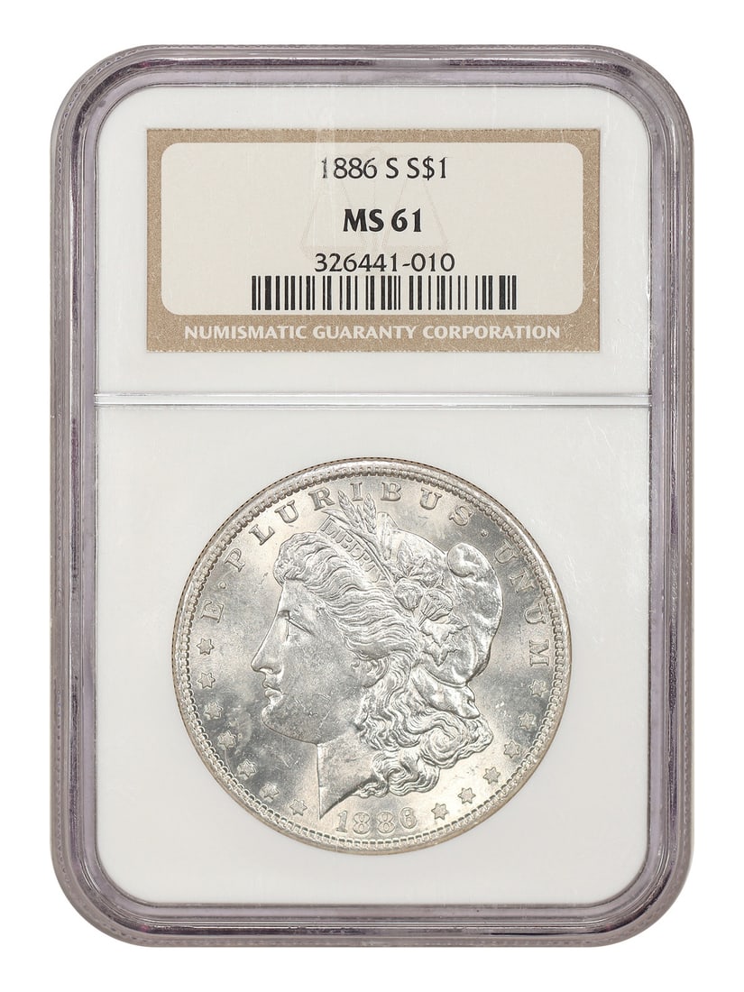 NGC MS61 1886-S Morgan Dollar $1 San Francisco Mint: NGC MS61 1886-S Morgan Dollar $1 San Francisco Mint 1886-S Morgan Dollar $1 certified by NGC in MS61. This San Francisco Mint issue is uncirculated and presented in pre-owned condition. The original d