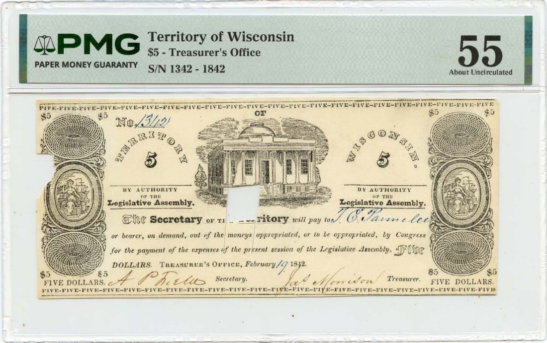 PMG AU55 1842 Wisconsin Territory Treasurer's Office $5 Obsolete Note: PMG AU55 1842 Wisconsin Territory Treasurer's Office $5 Obsolete Note 1842 $5 Territory of Wisconsin obsolete note from the Treasurer's Office, certified by PMG and graded AU55. This pre-owned note is