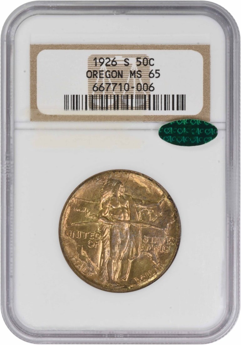 1926-S Half Dollar Commemorative Silver NGC MS65 CAC Certified: 1926-S Half Dollar Commemorative Silver NGC MS65 CAC Certified This 1926-S Oregon Commemorative Silver Half Dollar is certified MS65 by NGC and features the CAC endorsement. Struck in San Francisco, t