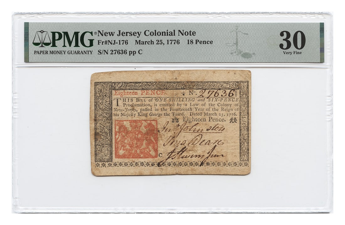 1776 New Jersey Colonial 18 Pence Note PMG VF30: 1776 New Jersey Colonial 18 Pence Note PMG VF30 New Jersey Colonial Currency 18 Pence note dated 25-March 1776, certified by PMG and graded VF30. The note is circulated and pre-owned, with stains and 