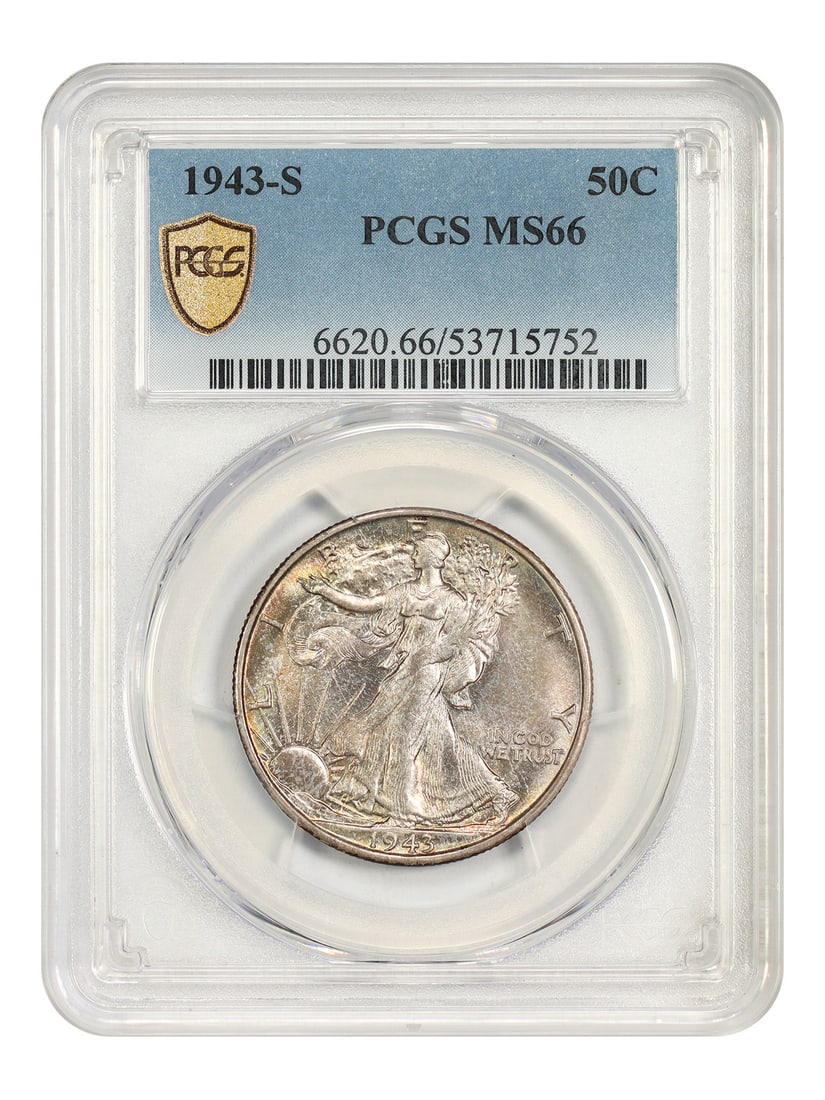 PCGS MS66 1943-S Walking Liberty 50C Half Dollar: PCGS MS66 1943-S Walking Liberty 50C Half Dollar 1943-S Walking Liberty Half Dollar, denomination 50C, struck at the San Francisco Mint. The coin is uncirculated, certified by PCGS, and graded MS66. P