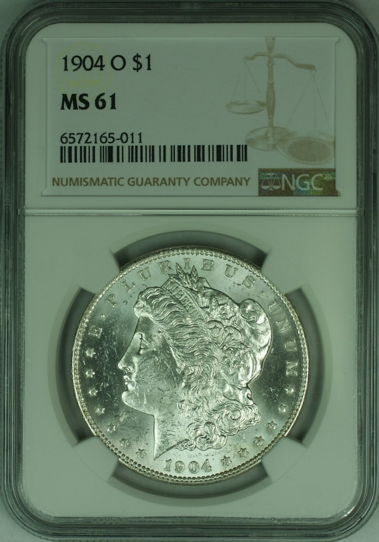 NGC MS-61 1904-O Morgan Silver Dollar New Orleans Mint $1 Coin: NGC MS-61 1904-O Morgan Silver Dollar New Orleans Mint $1 Coin This 1904-O Morgan Silver Dollar is certified by NGC with a grade of MS 61. Minted in New Orleans, this uncirculated coin is composed of 