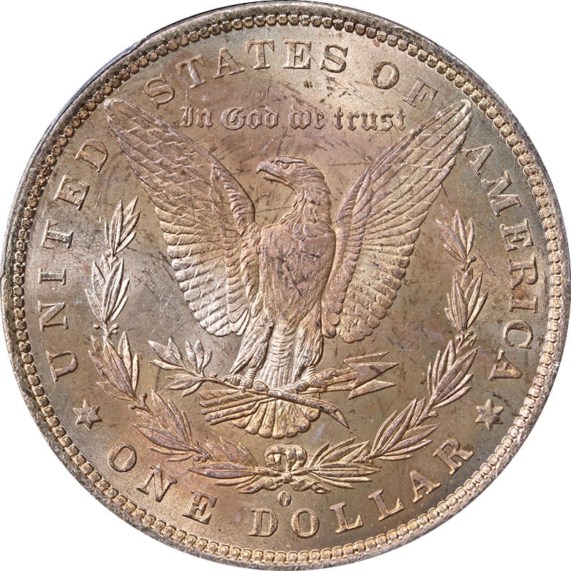 PCGS MS63 1882-O Morgan Silver Dollar With Toned Reverse: PCGS MS63 1882-O Morgan Silver Dollar With Toned Reverse This 1882-O Morgan Silver Dollar is certified by PCGS with a grade of MS63. The coin features a toning effect on the reverse and is composed of