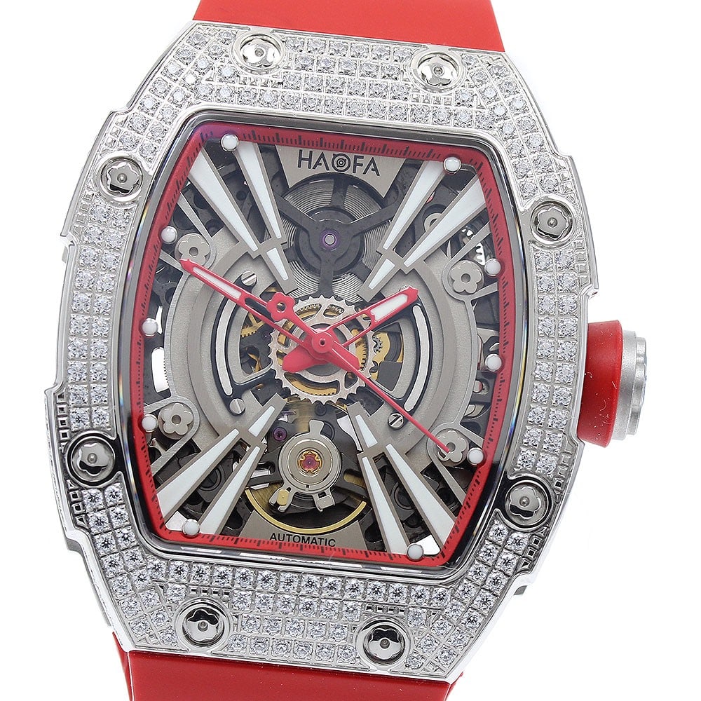 HAOFA 1907L automatic skeleton men's wristwatch: HAOFA 1907L automatic skeleton men's wristwatch This HAOFA 1907L Mechanical wristwatch features a stainless steel case, a rubber strap, and a skeleton dial. The watch is powered by an automatic moveme