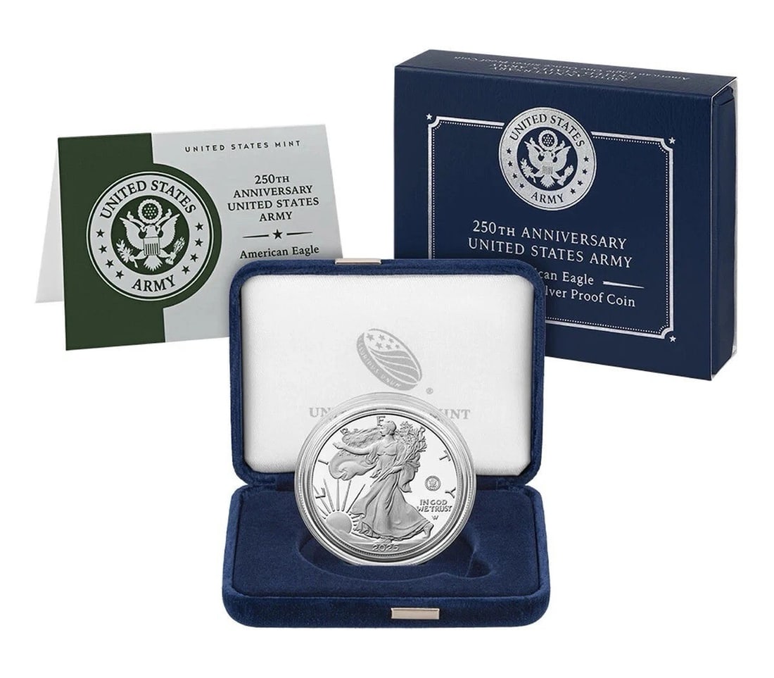2025-W Army Privy Silver Eagle Proof 1 oz U.S. Mint: 2025-W Army Privy Silver Eagle Proof 1 oz U.S. Mint This 2025-W American Silver Eagle features a special Army privy mark commemorating the 250th Anniversary of the United States Army. Struck in proof 