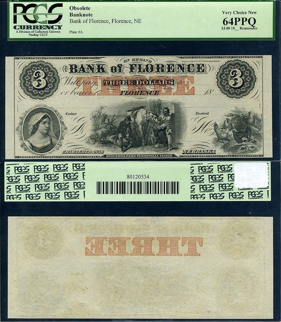 PCGS CU64 PPQ Florence Nebraska $3 National Bank Note (1 of 3)