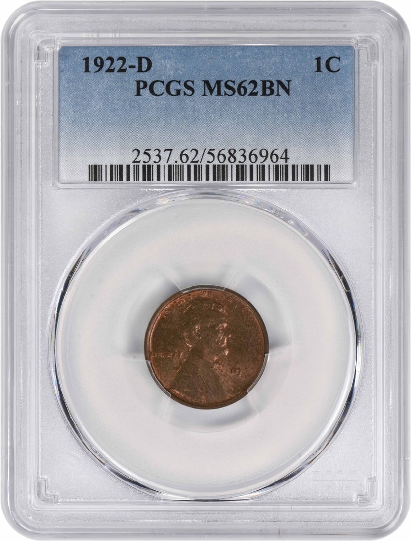 PCGS MS62 1922 D Lincoln Wheat Small Cent: PCGS MS62 1922 D Lincoln Wheat Small Cent 1922-D Lincoln Wheat Cent graded MS62BN by PCGS. This uncirculated pre-owned coin is struck in copper and has a Small Cent denomination. It is a United States