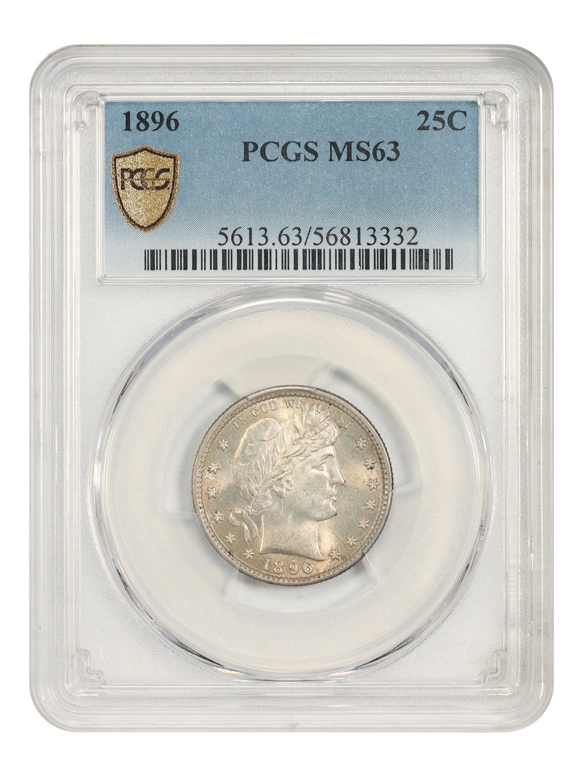 PCGS MS63 1896 Barber Quarter 25C: PCGS MS63 1896 Barber Quarter 25C 1896 Barber Quarter, denomination 25C, minted in Philadelphia. The coin is uncirculated and certified by PCGS as MS63. Certification number 56813332. Pre-owned condit