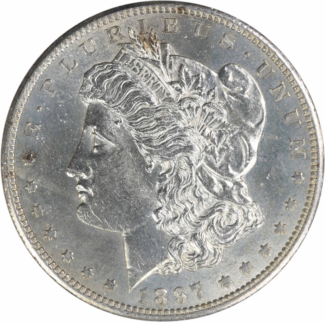 San Francisco Mint 1897 Morgan Dollar 90 Percent Silver AU Uncertified: San Francisco Mint 1897 Morgan Dollar 90 Percent Silver AU Uncertified This 1897-S Morgan Silver Dollar is an attractive example from the San Francisco Mint. Composed of 90% silver and 10% copper, it 