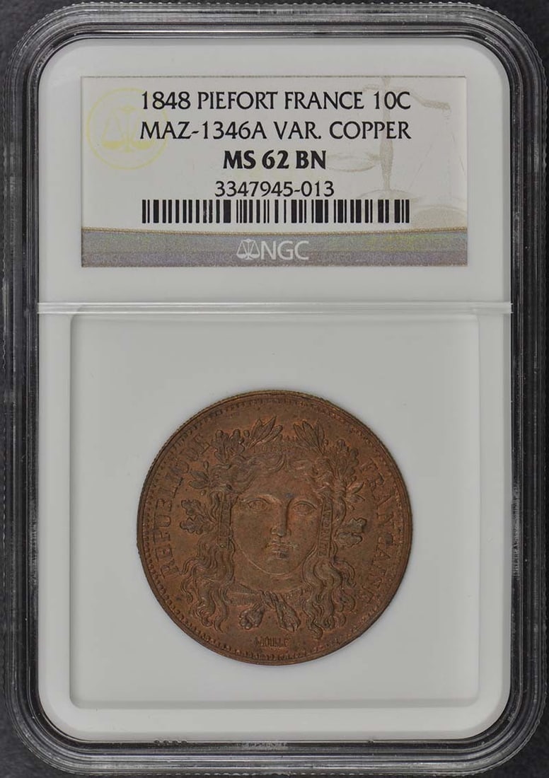 1848 France 10 Cent Piefort NGC MS62BN Copper: 1848 France 10 Cent Piefort NGC MS62BN Copper This is an 1848 France Essai 10 centimes Piefort coin, certified by NGC with a grade of MS62BN. The coin is uncirculated and originates from France. It is