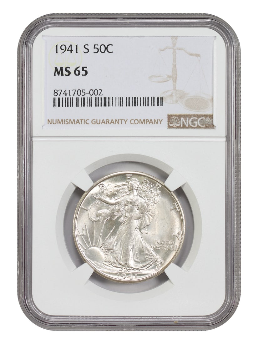 NGC MS65 1941-S Walking Liberty 50C Half Dollar: NGC MS65 1941-S Walking Liberty 50C Half Dollar 1941-S Walking Liberty Half Dollar graded MS65 by NGC. This uncirculated 50C coin is from the San Francisco mint and is identified as part of the Walkin