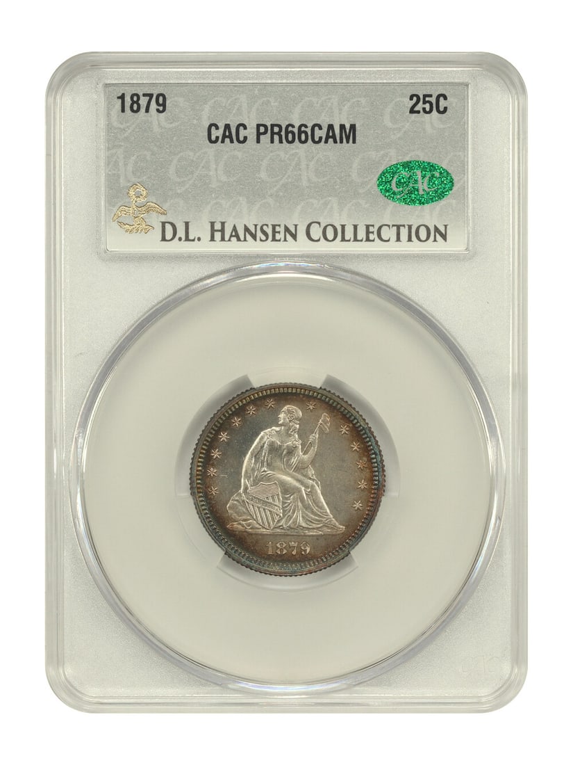 CACG PR66CAM 1879 Liberty Seated Quarter 25C ex D.L. Hansen Simpson: CACG PR66CAM 1879 Liberty Seated Quarter 25C ex D.L. Hansen Simpson An 1879 Liberty Seated Quarter, certified by CACG and graded PR66CAM. Struck in Philadelphia as a proof 25C issue, this uncirculated