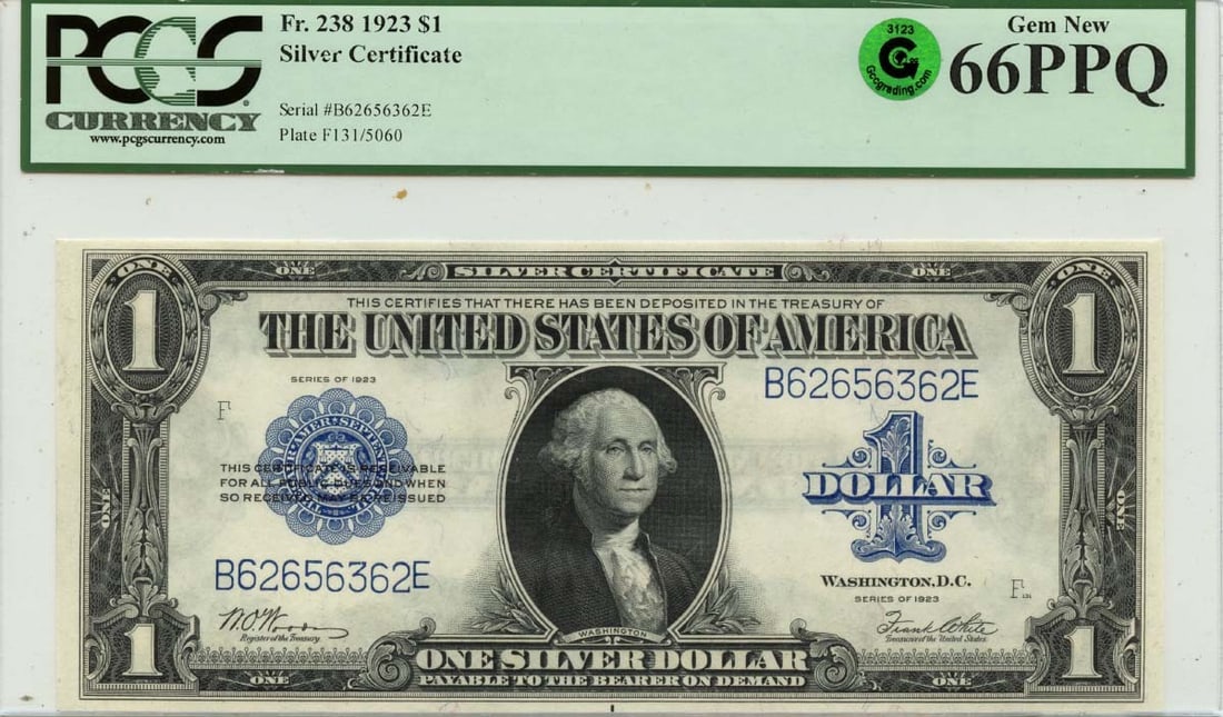 1923 $1 Silver Certificate FR#238 PCGS MS66 PPQ Uncirculated: 1923 $1 Silver Certificate FR#238 PCGS MS66 PPQ Uncirculated This 1923 $1 Silver Certificate is a remarkable piece of currency history, graded MS66 by PCGS Currency, indicating exceptional quality. As