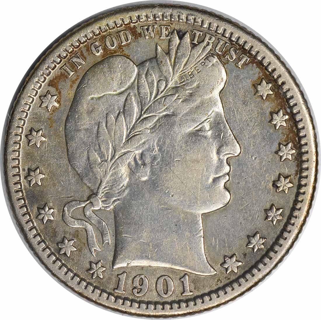 1901-O Barber Quarter 90% Silver New Orleans Mint XF: 1901-O Barber Quarter 90% Silver New Orleans Mint XF This 1901-O Barber Silver Quarter is a classic piece of American coinage featuring the iconic design by Charles E. Barber. With a denomination of 2