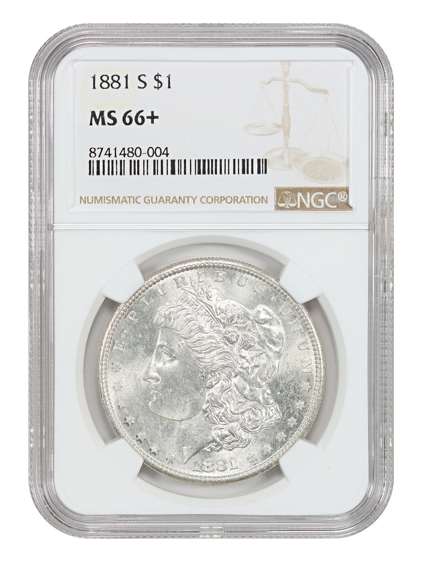 NGC MS66+ 1881-S Morgan Silver Dollar $1 Uncirculated: NGC MS66+ 1881-S Morgan Silver Dollar $1 Uncirculated 1881-S Morgan Dollar $1 certified by NGC with an MS66+ grade. This uncirculated San Francisco issue is described as a popular collector date and i