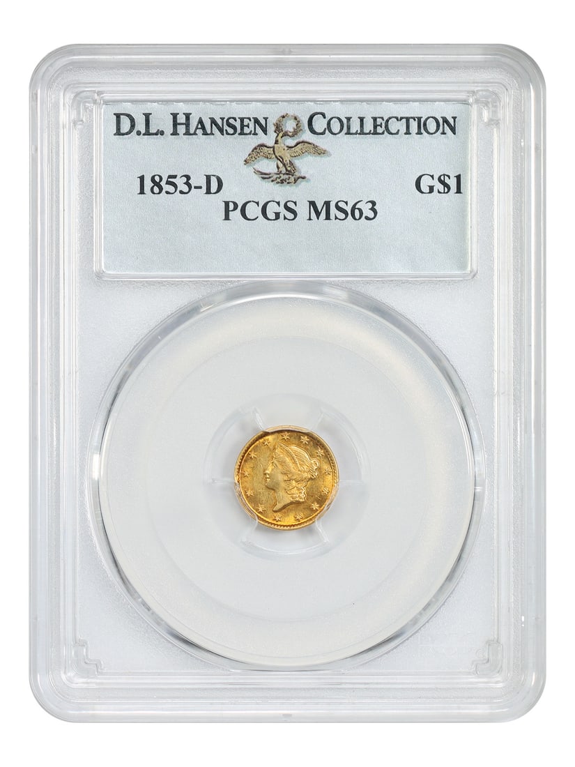 PCGS MS63 1853-D Dahlonega Gold Dollar ex D.L. Hansen: PCGS MS63 1853-D Dahlonega Gold Dollar ex D.L. Hansen 1853-D Gold Dollar certified by PCGS MS63 and ex: D.L. Hansen. This Dahlonega issue is described as a condition rarity from a mintage of just 6,58