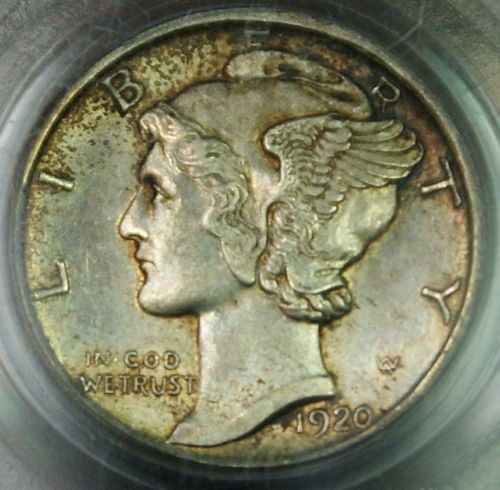 PCGS MS-62 FB 1920-D Mercury Dime Silver: PCGS MS-62 FB 1920-D Mercury Dime Silver This 1920-D Mercury Silver Dime is graded MS-62 FB (Full Bands) by PCGS. Minted in Denver, it features attractive vintage toning and is composed of 90% silver.