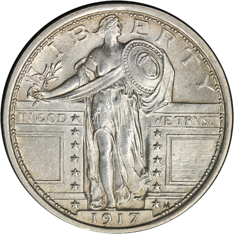 1917 P Standing Liberty Silver Quarter Type 1 Full Head BU+: 1917 P Standing Liberty Silver Quarter Type 1 Full Head BU+ This is an original 1917-P Type 1 Standing Liberty Quarter featuring a Full Head and graded as Choice BU+. The coin exhibits fantastic luste