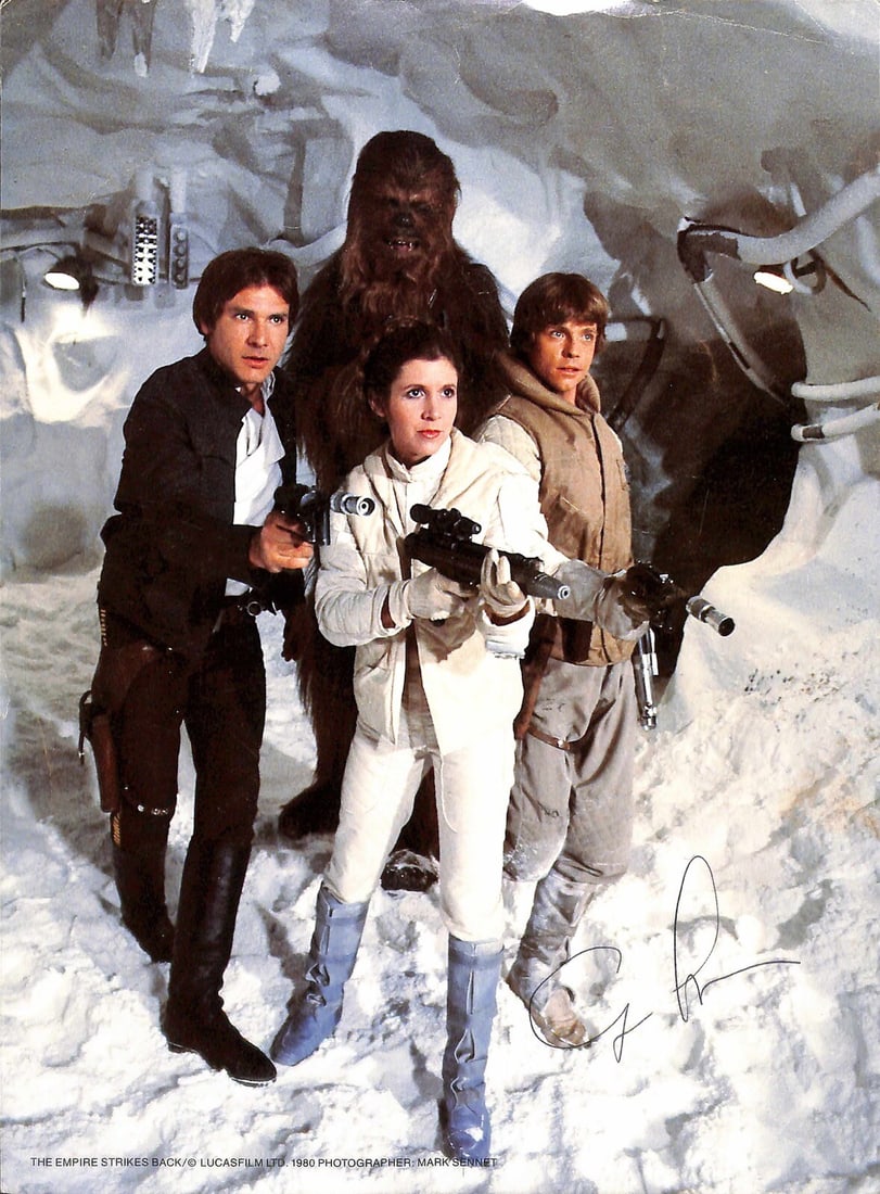 8.5x11 Photo Signed by George Lucas with Beckett Authentication: 8.5x11 Photo Signed by George Lucas with Beckett Authentication This is an original 8.5x11 inch color photograph signed by George Lucas, the creator of Star Wars. The autographed photo features an ima