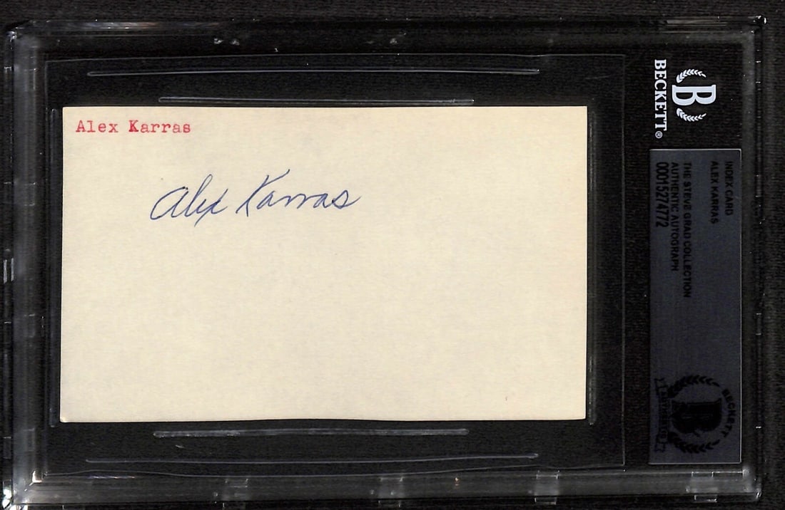 Alex Karras Signed 3x5 Index Card NFL HOF Beckett Authenticated: Alex Karras Signed 3x5 Index Card NFL HOF Beckett Authenticated This is an authentic autographed index card featuring the signature of Alex Karras, a legendary player for the Detroit Lions and a membe
