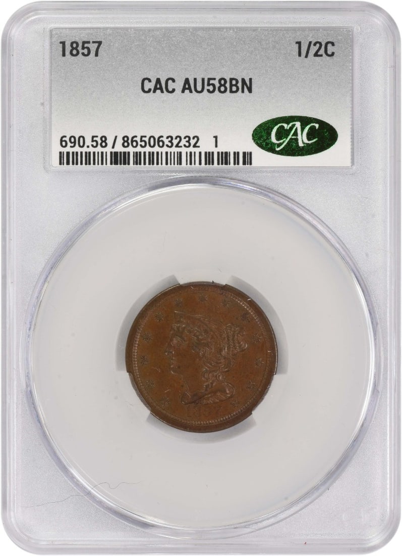 1857 Braided Hair Half Cent AU58BN CACG Copper Coin: 1857 Braided Hair Half Cent AU58BN CACG Copper Coin This 1857 Half Cent features a stunning Braided Hair design, crafted from copper. It is in AU58BN condition, certified by CACG, and is part of a lim